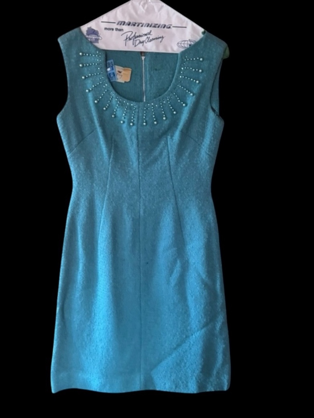 Late 1950s A Leslie‎ Fay Original Teal Lined Knit Beaded & Rhinestone Sleeveless